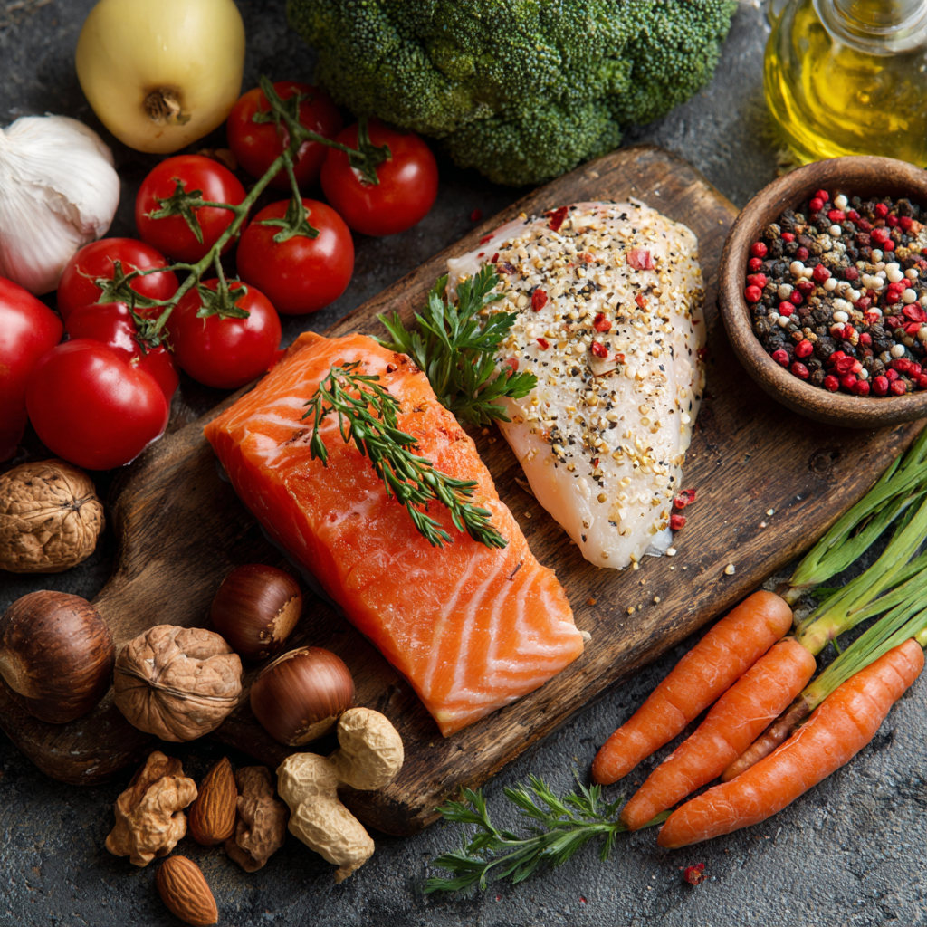 Healthy meal preparation with fresh vegetables, nuts, and fish arranged on a wooden cutting board, showcasing heart-healthy nutrition for blood pressure control