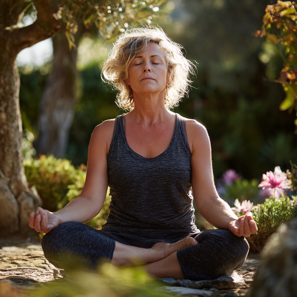 Middle-aged woman practicing yoga outdoors in a peaceful garden setting, demonstrating natural stress relief techniques for blood pressure management