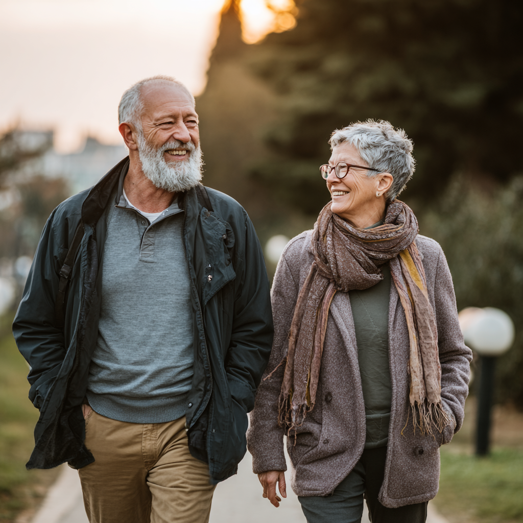 Senior man and woman walking together in a park during morning hours, demonstrating gentle cardiovascular exercise for natural blood pressure management
